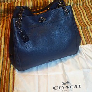 Coach Edie Turnlock Leather Shoulder Navy Dark Gunmetal Shoulder Bag 36855 GUC